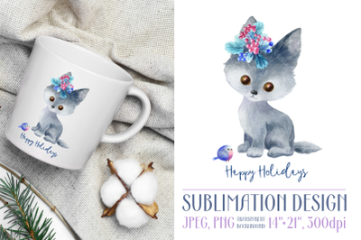 Happy holidays. Sublimation design with wolf