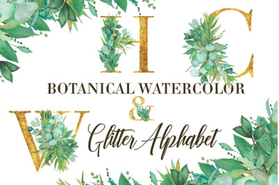 Botanical Watercolor and Glitter Alphabet  Elements.