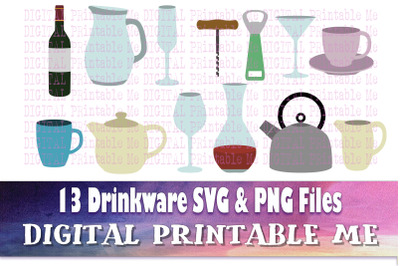 Drinkware SVG pack, Glassware Clip art bundle, PNG, 15 images, Digital