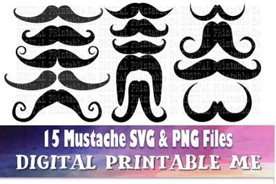 Mustache Silhouette, Clip Art Pack, SVG PNG, 15 Images, Pack, Digital,