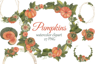 Watercolor Pumpkins Clipart. Fall PNG, pumpkins wreath