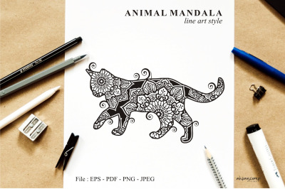 Cat Mandala Vector Line Art Style