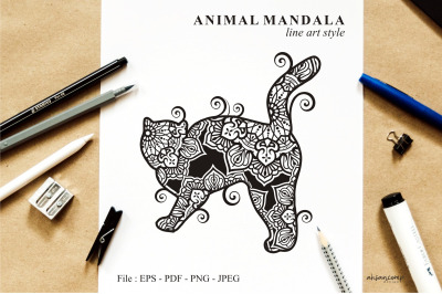 Cat Mandala Vector Line Art Style