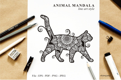 Cat Mandala Vector Line Art Style