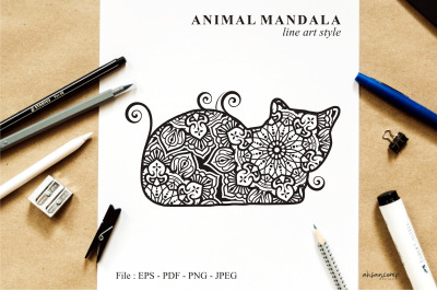 Cat Mandala Vector Line Art Style