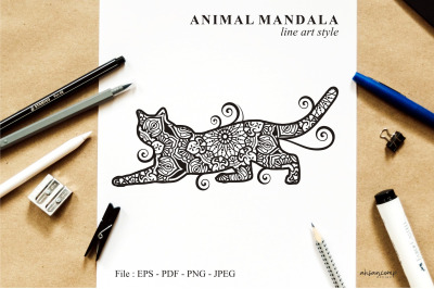 Cat Mandala Vector Line Art Style