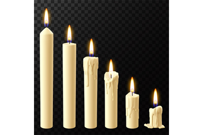 Realistic burning candle. Wax candles reflow stages, holiday xmas or c