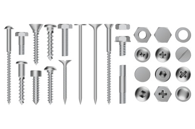 Realistic metal screws. Construction steel screw, hex cap nuts, rivets