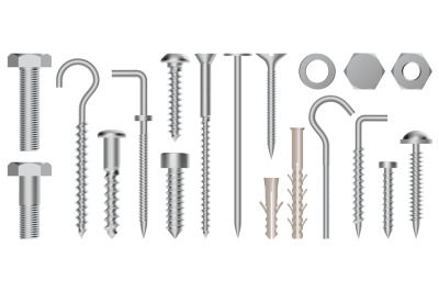 Realistic 3d screws and bolts. Hardware stainless screws, bolts, screw