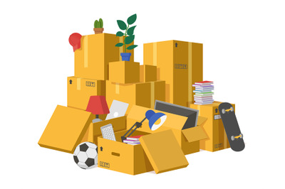 Moving boxes. Delivery cardboard boxes pile, stacked carton packaging