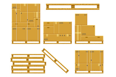 Cargo box stack. Carton delivery packaging boxes on wooden pallet, sta