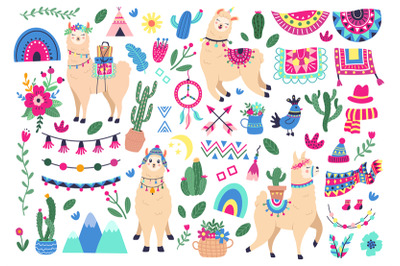 Mexican cute llamas. Llama and peruvian alpaca wildlife animals, funny