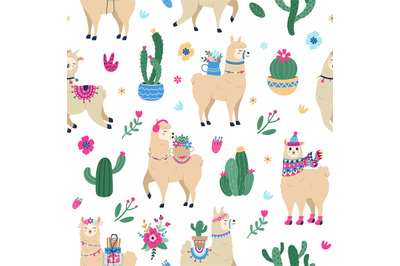 Llama and cactus pattern. Cute seamless hand drawn mexican alpaca with