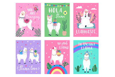 Llama cute poster. Alpaca greeting cards with inspiration quotes, hand