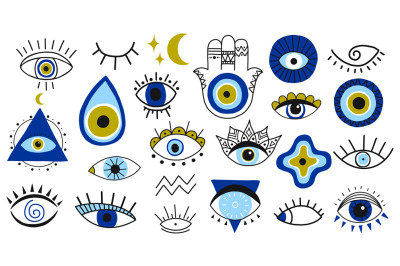 Evil eye symbols. Hand drawn eyes talismans, fatima hand, hamsa and tu