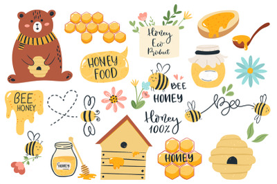 Cute honey symbols. Hand drawn honey jar, honeycomb and bee insects, f