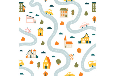 Town map pattern. Seamless cute urban landscape map&2C; minimalist houses