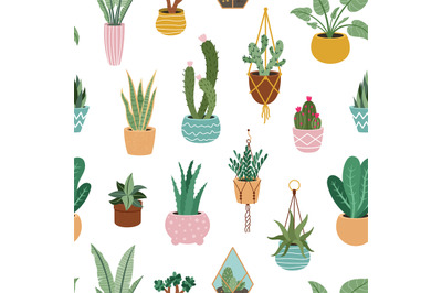 Home plants pattern. Seamless flower potted plant, decorative botanica