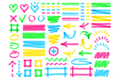 Highlight markers. Colorful marker strokes, yellow highlights arrows,