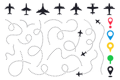 Plane route line. Planes dotted flight pathway&2C; travel destination air