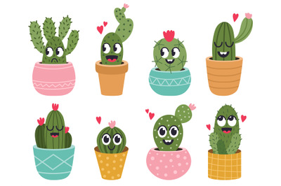 Cute cactus faces. Funny succulent cacti face, tropical prickly potted