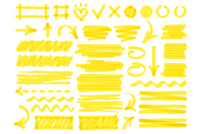 Hand drawn marker strokes. Yellow marker stroke lines, markers stripes