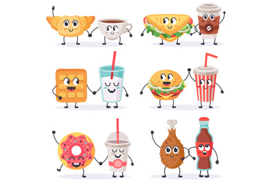 Cartoon food characters. Junk food mascots, sandwich with coffee and d