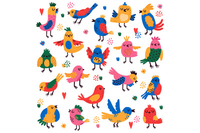 Cute birds. Hand drawn colorful little birds, doodle songbird characte