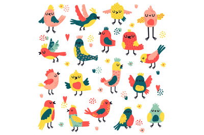 Doodle birds. Cute hand drawn birds, doodle colorful avifauna, lovely