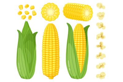 Cartoon corn. Maize vegetables, golden sweet corn cob, popcorn and cor