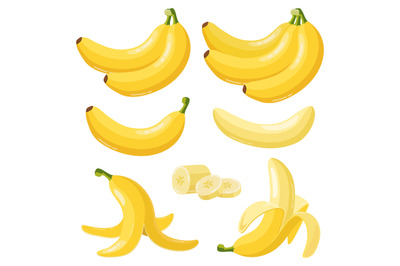 Cartoon bananas. Tropical yellow fruit, peeled banana and bunch of rip