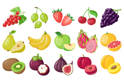 Cartoon fruits. Tropical fruit, banana, fig, apple and dragon fruit, c