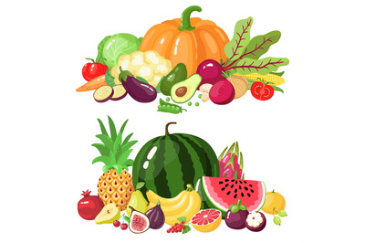 Vegetables and fruits. Cartoon vegetarian food, watermelon, pumpkin an