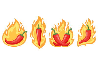 Hot chilli peppers. Cartoon spicy red chilli pepper in fire flames, re