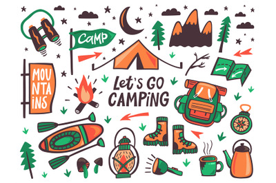 Camping outdoor elements. Summer camp&2C; hiking recreation signs&2C; kayak&2C;