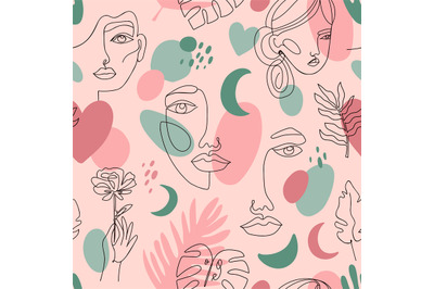 Abstract female portraits pattern. Seamless hand drawn outline female