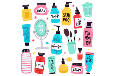 Makeup tools. Skincare routine cosmetic products, hand drawn skincare