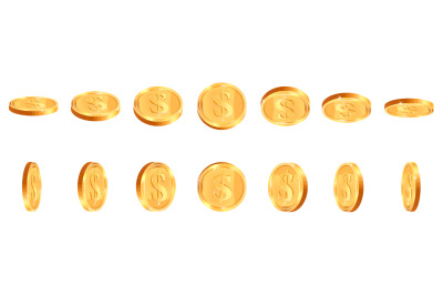 Realistic gold coins. Golden shiny cash coin, jackpot coin dollar anim