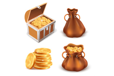 Realistic golden treasure. Coins stack, wooden treasure chest and canv