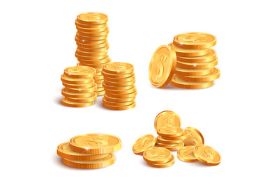 Realistic coins pile. Golden coin dollar stack, 3D jackpot coins, gold