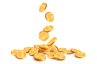 Realistic falling coins. Golden coin falling down, 3D gold jackpot rai