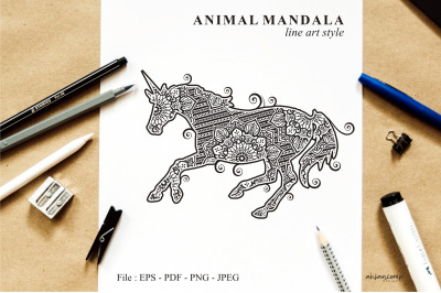 Unicorn Mandala Vector Line Art Style