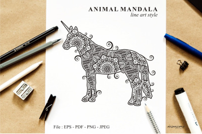 Unicorn Mandala Vector Line Art Style