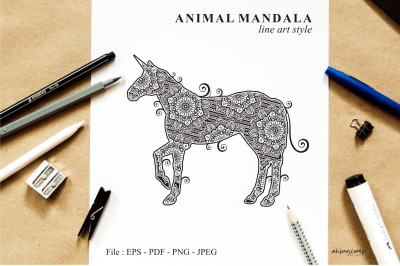 Unicorn Mandala Vector Line Art Style