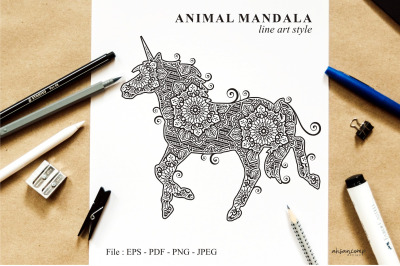 Unicorn Mandala Vector Line Art Style