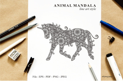 Unicorn Mandala Vector Line Art Style