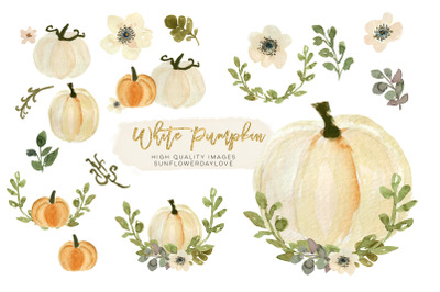 White Pumpkin Greenery Arrangement Watercolor Clipart