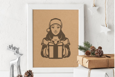 Girl wearing Santa hat with gift. Christmas illustration. Cut file cli