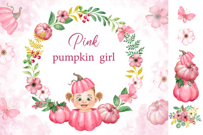 Pink pumpkin clipart. Watercolor pink pumpkins, flowers, baby girl.
