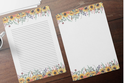 Watercolor Sunflowers Floral Stationery, Lined and Unlined Journaling